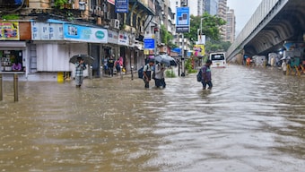 Pedestrians cross an inundated road amid rains, in Mumbai. PTI