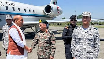 Defence Minister Rajnath Singh lands at Bhuj where Pakistan tried to hit Indian airbase. Image: PTI