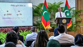 Maldives President Mohamed Muizzu speaks during a marathon press conference in Male. AFP/ Maldives President Office 
