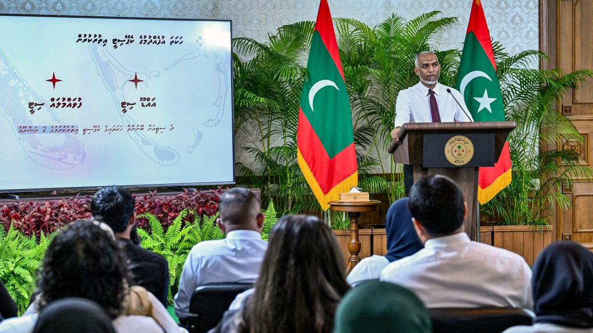Maldives President Mohamed Muizzu speaks during a marathon press conference in Male. AFP/ Maldives President Office Maldives President Mohamed Muizzu speaks during a marathon press conference in Male. AFP/ Maldives President Office