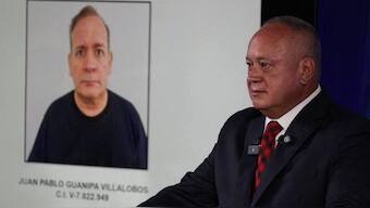Handout picture released by Venezuela's Interior and Justice Ministry showing Interior Minister Diosdado Cabello speaking on the arrest of opposition member Juan Pablo Guanipa during a press conference in Caracas on May 23, 2025. AFP