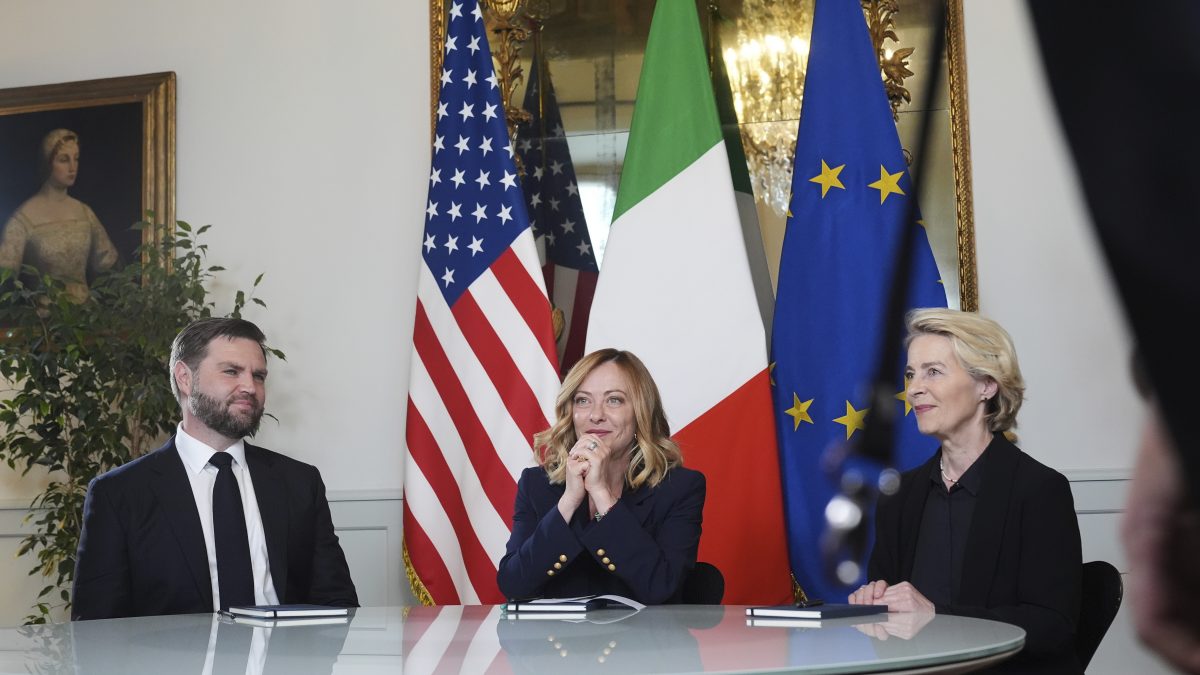 Vice President JD Vance, from left, Italy's Prime Minister Giorgia Meloni and European Commission President Ursula von der Leyen meet at the Chigi Palace in Rome, Italy. AP Vice President JD Vance, from left, Italy's Prime Minister Giorgia Meloni and European Commission President Ursula von der Leyen meet at the Chigi Palace in Rome, Italy. AP