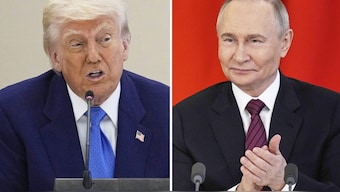 This combination photo shows President Donald Trump in a business roundtable, May 16, 2025, in Abu Dhabi, United Arab Emirates, left, and Russian President Vladimir Putin at a signing ceremony at the Kremlin in Moscow, May 10, 2025. AP 