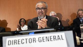 Tedros Adhanom Ghebreyesus, Director General of the World Health Organization (WHO), applauds as member countries approve an agreement to combat future pandemics, during the 78th World Health Assembly (WHA78) at the European headquarters of the United Nations in Geneva, Switzerland. AP