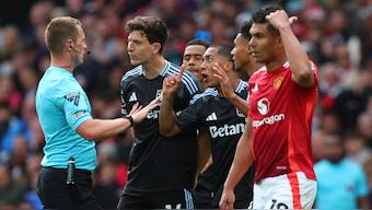Aston Villa players argue with referee Thomas Bramall after Morgan Rogers' goal against Manchester United is disallowed. Reuters