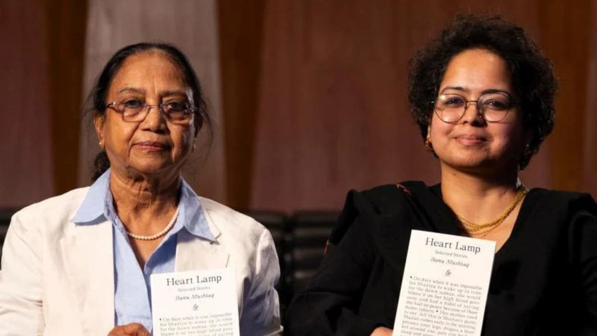 Creator and translator (respectively) of Coronary heart Lamp, Banu Mushtaq (left) and Deepa Bhasthi at the Southbank Centre International Booker Prize 2025 shortlist readings. Image/Booker Prize Foundation