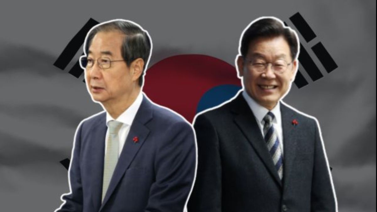 South Korean acting President Han Duck-soo and leading politician Lee Jae-myung pictured against the backdrop of the South Korean flag. Agencies South Korean acting President Han Duck-soo and leading politician Lee Jae-myung pictured against the backdrop of the South Korean flag. Agencies