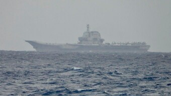 (File) This image released by the Taiwan Ministry of National Defence shows China’s Shandong aircraft carrier sailing near Taiwan on March 31, 2025. AP