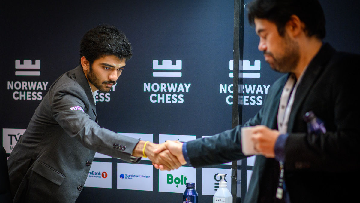 World champion D Gukesh shakes Hikaru Nakamura's hand after defeating the world No 2 in Round 3 of the 2025 Norway Chess. Image credit: Michal Walusza/Norway Chess World champion D Gukesh shakes Hikaru Nakamura's hand after defeating the world No 2 in Round 3 of the 2025 Norway Chess. Image credit: Michal Walusza/Norway Chess