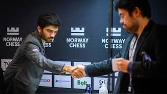 World champion D Gukesh shakes Hikaru Nakamura's hand after defeating the world No 2 in Round 3 of the 2025 Norway Chess. Image credit: Michal Walusza/Norway Chess