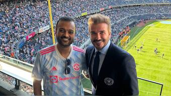 Dream Sports' co-founder Harsh Jain with Salford City co-owner and football legend David Beckham. Image: Harsh Jain on X