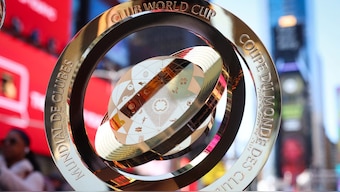 The trophy that will be presented to the winner of the FIFA Club World Cup is put on display at Times Square in New York City. Reuters