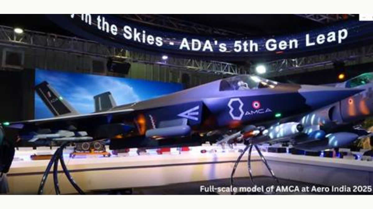 The photograph shows the full-scale model of Advanced Medium Combat Aircraft (AMCA) at the Aero India Show 2025. (Photo: Ministry of Defence) The photograph shows the full-scale model of Advanced Medium Combat Aircraft (AMCA) at the Aero India Show 2025. (Photo: Ministry of Defence)