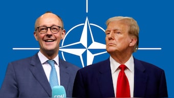 German Chancellor Friedrich Merz (L) and US President Donald Trump are pictured here against the backdrop of the Nato flag. File Photo- Agencies