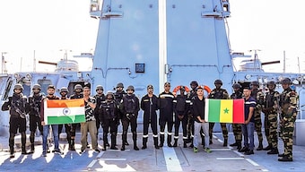 (File) Indian Naval officers with Senegal military personnel during INS Tushil's visit to Dakar, Senegal.  on 7 January 2025. PTI