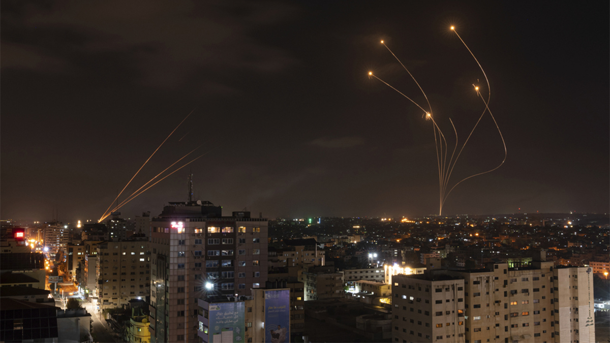 (File) Rockets fired from Gaza and intercepted by Israel's Iron Dome anti-missile system over Israeli skies are seen from Gaza City, on May 13, 2023. AP (File) Rockets fired from Gaza and intercepted by Israel's Iron Dome anti-missile system over Israeli skies are seen from Gaza City, on May 13, 2023. AP