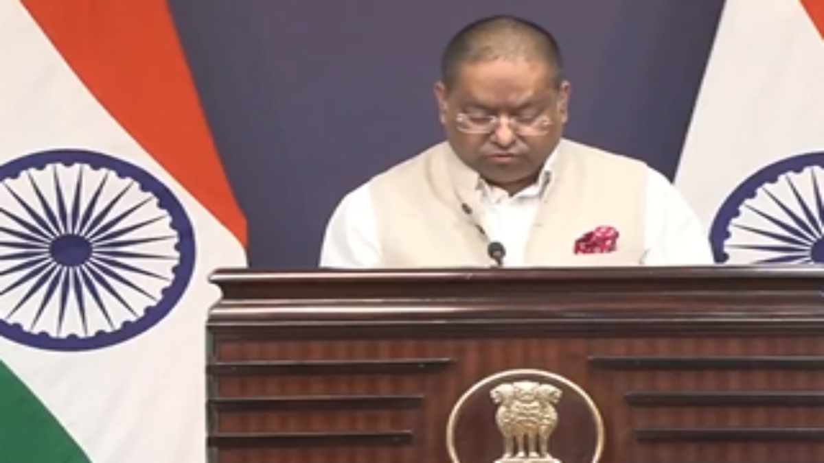 MEA Spokesperson Randhir Jaiswal addresses a press briefing on Tuesday. ANI MEA Spokesperson Randhir Jaiswal addresses a press briefing on Tuesday. ANI