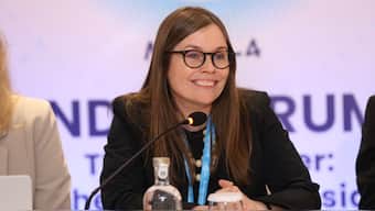 Katrín Jakobsdóttir, former Prime Minister of Iceland reacts during a session of the Arctic Circle India Forum held on May 3-4 in New Delhi, India. X/_Arctic_Circle