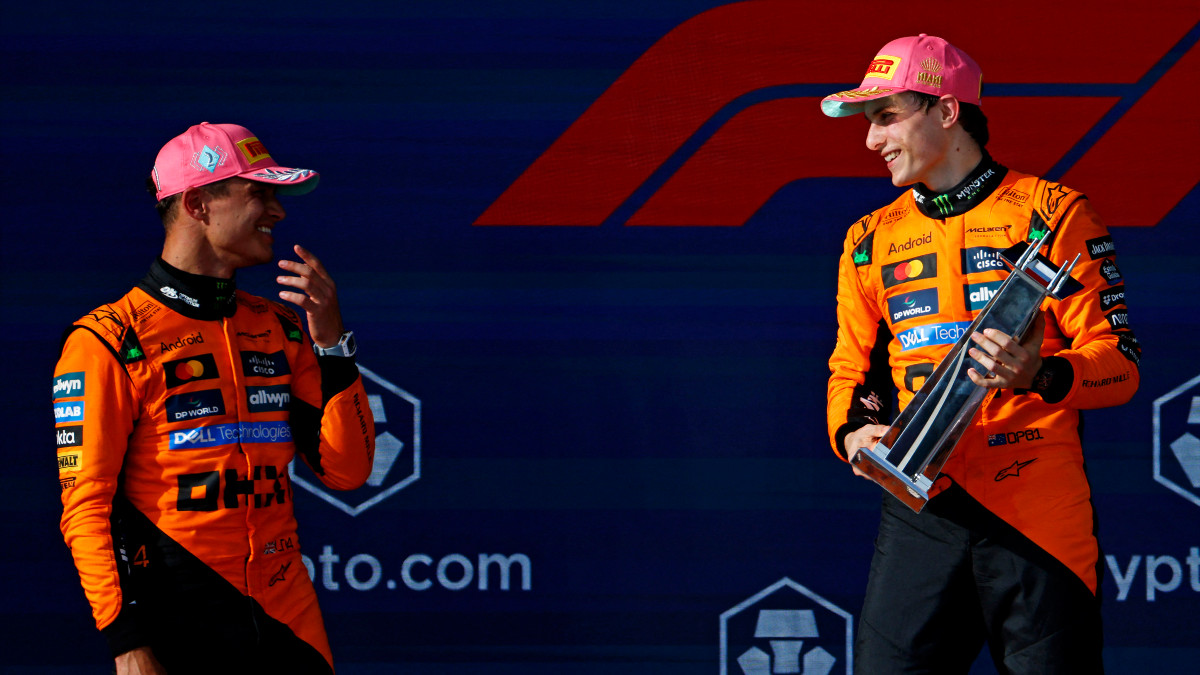 Oscar Piastri (right) and Lando Norris celebrate on the podium after delivering a one-two for McLaren at the Miami Grand Prix, continuing the team's dominance in the 2025 Formula 1 season. Reuters Oscar Piastri (right) and Lando Norris celebrate on the podium after delivering a one-two for McLaren at the Miami Grand Prix, continuing the team's dominance in the 2025 Formula 1 season. Reuters