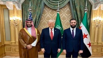 Saudi Crown Prince Mohammad bin Salman, President Donald Trump, and Syrian interim president Ahmad al Sharaa meet in Riyadh on May 14, 2025. Image: White House Press Secretary Karoline Leavit/X