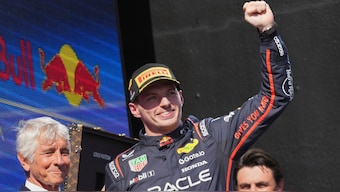 Red Bull Racing's Max Verstappen celebrates after winning the Emilia Romagna Grand Prix in Imola, Italy on Sunday, 18 May. AP