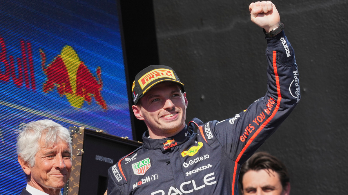Red Bull Racing's Max Verstappen celebrates after winning the Emilia Romagna Grand Prix in Imola, Italy on Sunday, 18 May. AP Red Bull Racing's Max Verstappen celebrates after winning the Emilia Romagna Grand Prix in Imola, Italy on Sunday, 18 May. AP