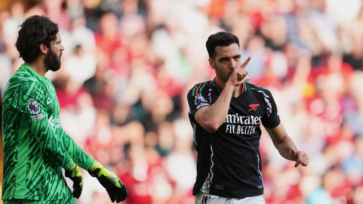 Arsenal's Mikel Merino celebrates after scoring the equaliser against Liverpool at Anfield. AP Arsenal's Mikel Merino celebrates after scoring the equaliser against Liverpool at Anfield. AP