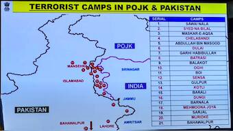 In this screenshot from @MEAIndia via Youtube on May 7, 2025, a map showing the terrorist camps struck as part of 'Operation Sindoor' in Pakistan and PoK, being displayed during a press conference, in New Delhi. PTI