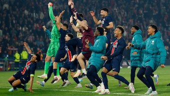 Paris St Germain players celebrates after reaching the Champions League final. Image: Reuters
