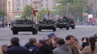 Russian armoured infantry carriers, including fighting vehicles BMP-1AM Basurmanin, drive along a road on the day of a rehearsal for a military parade, which marks the 80th anniversary of the victory over Nazi Germany in World War Two, in central Moscow, Russia, on Wednesday. Reuters