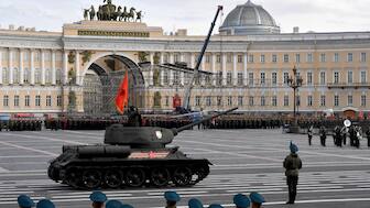 Participants take part in a rehearsal for the Victory Day military parade on Dvortsovaya Square in Saint Petersburg on April 30, 2025. Russia will celebrate the 80th anniversary of the 1945 victory over Nazi Germany on May 9. AFP Photo