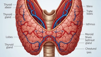 Representational Image- Medical illustration of a butterfly-shaped thyroid gland, highlighting its structure and key anatomical features.  