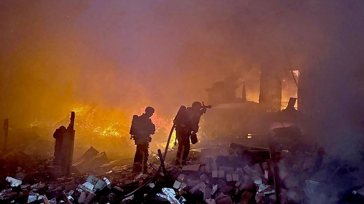 This handout photograph taken and released by Ukrainian State Emergency Service Press Service on May 25, 2025 shows firefighters operating on burning houses following Russian strike in Kyiv region, amid Russian invasion in Ukraine. AFP Photo This handout photograph taken and released by Ukrainian State Emergency Service Press Service on May 25, 2025 shows firefighters operating on burning houses following Russian strike in Kyiv region, amid Russian invasion in Ukraine. AFP Photo