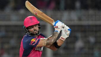 Rajasthan Royals captain Riyan Parag smashed six fours and eight sixes during his knock of 95 off 45 balls against Kolkata Knight Riders at the Eden Gardens. AP