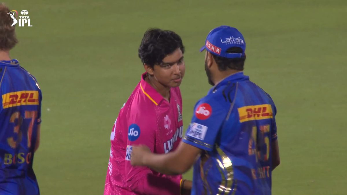 Rohit Sharma shared words of encouragement with Vaibhav Suryavanshi after he was dismissed for a duck. Image: Star Sports
Rohit Sharma shared words of encouragement with Vaibhav Suryavanshi after he was dismissed for a duck. Image: Star Sports