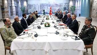 Turkey’s President Tayyip Erdogan meets with Pakistan's Prime Minister Shehbaz Sharif in Istanbul, Turkey, May 25, 2025. Pakistan's Field Marshal Asim Munir can be seen sitting to the left of Sharif. Presidential Press Office via Reuters