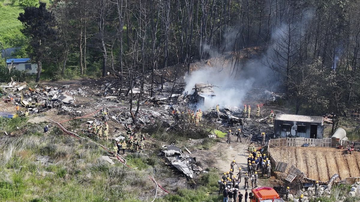 South Korean firefighters and military work at the site of the South Korean navy plane's crash. AP South Korean firefighters and military work at the site of the South Korean navy plane's crash. AP