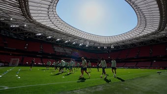 Tottenham Hotspur players train at the San Mames Stadium in Bilbao, Spain ahead of the UEFA Europa League Final, in which they face fellow Premier League club Manchester United. AP