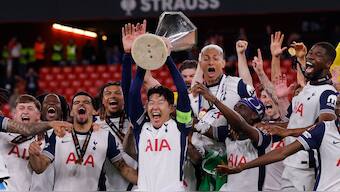 Tottenham Hotspur veteran Son Heung-min lifts the trophy with his teammates by his side following his team's 1-0 victory over Manchester United in the final of the UEFA Europa League in Bilbao, Spain. Reuters