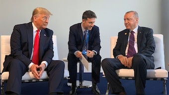 Turkish President Tayyip Erdogan meets with US President Donald Trump during the Nato summit in London, UK, December 4, 2019. File Image/Turkey Presidential Press Office via Reuters