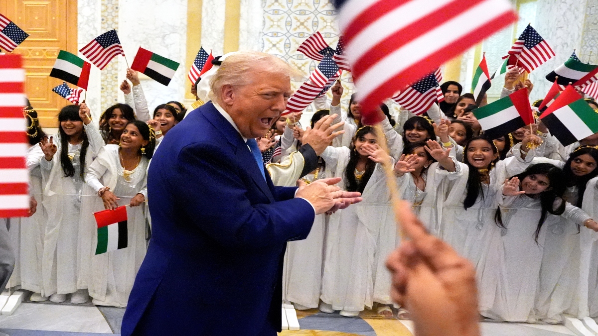 President Donald Trump and UAE President Mohammed bin Zayed Al Nahyan arrive at Qasr Al Watan, in Abu Dhabi, United Arab Emirates, on Thursday. AP President Donald Trump and UAE President Mohammed bin Zayed Al Nahyan arrive at Qasr Al Watan, in Abu Dhabi, United Arab Emirates, on Thursday. AP