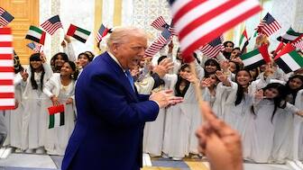President Donald Trump and UAE President Mohammed bin Zayed Al Nahyan arrive at Qasr Al Watan, in Abu Dhabi, United Arab Emirates, on Thursday. AP
