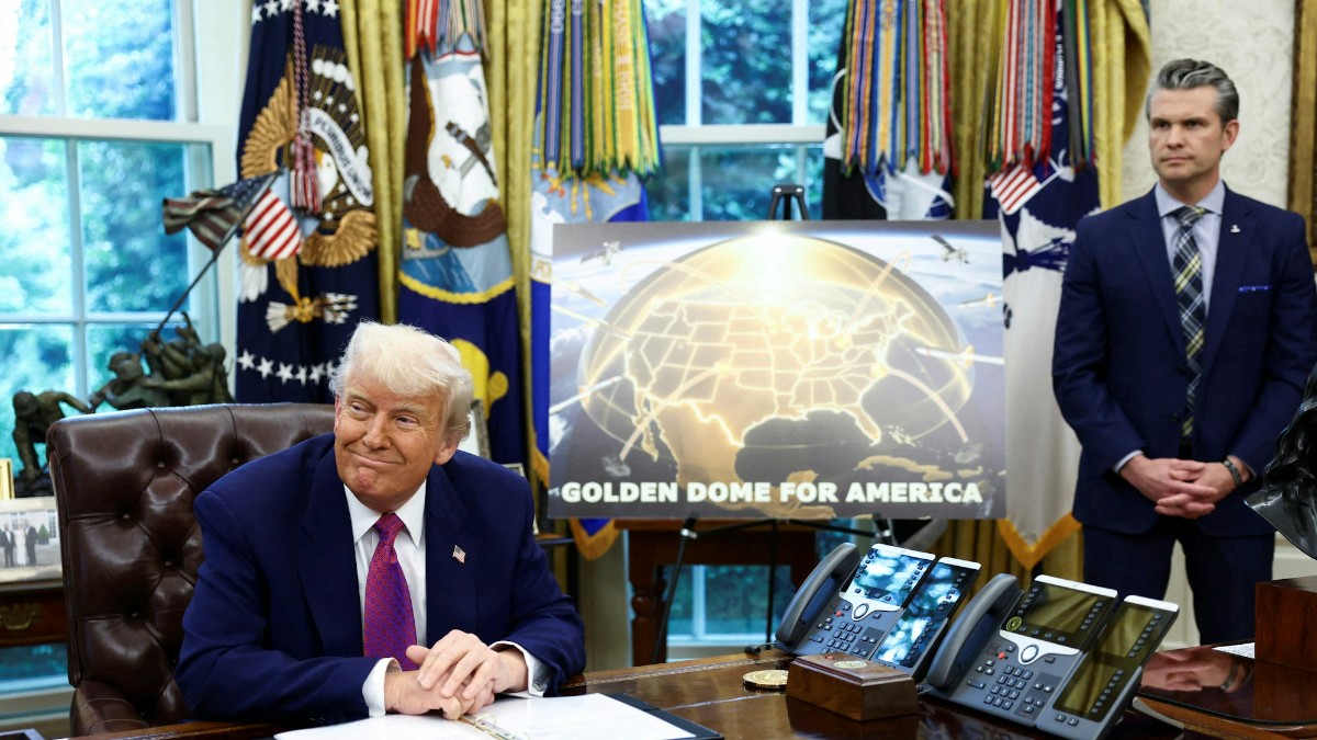 US President Donald Trump makes an announcement regarding the Golden Dome missile defence shield next to US Defence Secretary Pete Hegseth in the Oval Office of the White House in Washington, DC. Reuters US President Donald Trump makes an announcement regarding the Golden Dome missile defence shield next to US Defence Secretary Pete Hegseth in the Oval Office of the White House in Washington, DC. Reuters