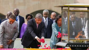 Angolan President Joao Manuel Goncalves Laurenco and his wife Ana Dias Lourenco pay tribute to Mahatma Gandhi, at the Rajghat in New Delhi, Saturday, May 3, 2025. PTI