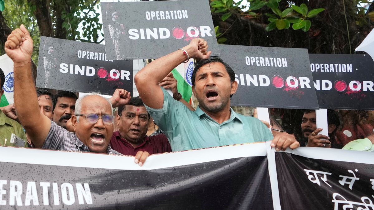 People shout slogans as they celebrate in Ahmedabad, Wednesday, May 7, 2025 after India fired missiles into Pakistan and PoK early Wednesday. AP People shout slogans as they celebrate in Ahmedabad, Wednesday, May 7, 2025 after India fired missiles into Pakistan and PoK early Wednesday. AP