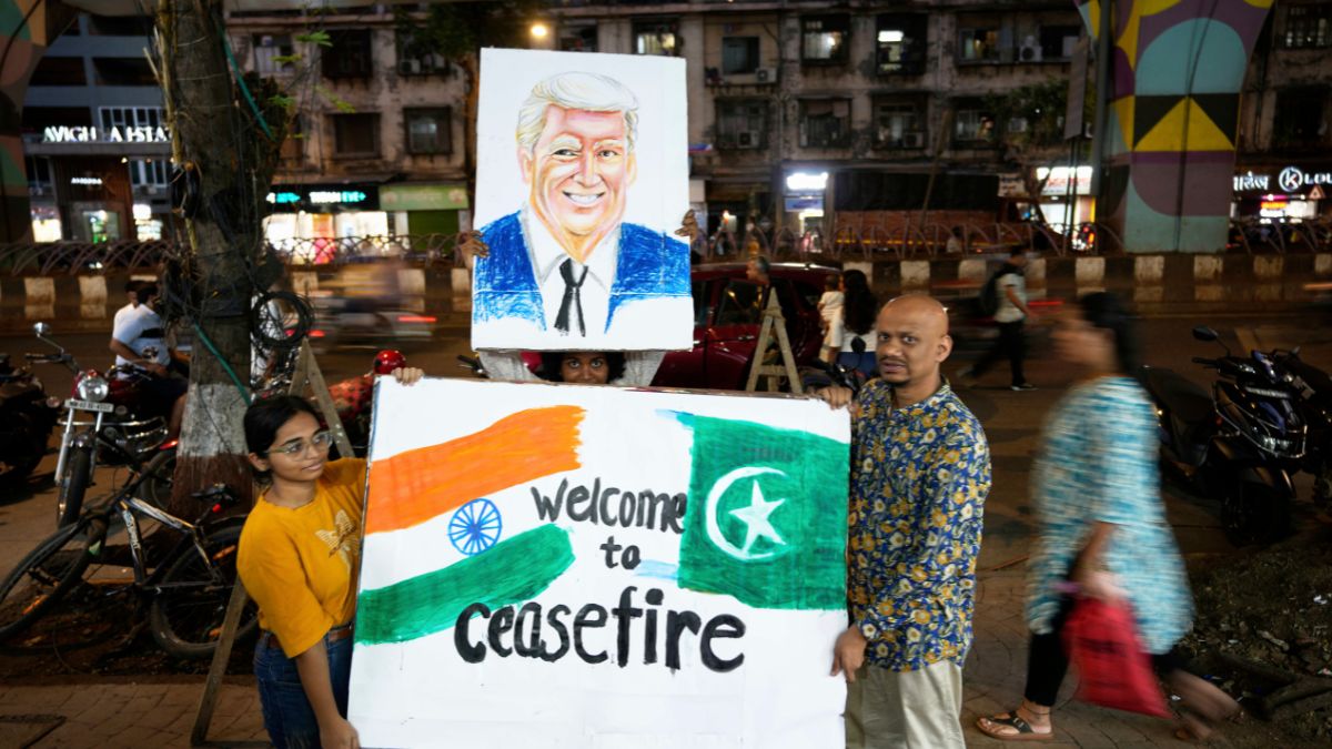 Students of an art school and their teacher carry a hand-drawn portrait of the US President Donald Trump as they celebrate the ceasefire between India and Pakistan, in Mumbai, May 10, 2025. AP Students of an art school and their teacher carry a hand-drawn portrait of the US President Donald Trump as they celebrate the ceasefire between India and Pakistan, in Mumbai, May 10, 2025. AP