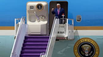 US President Donald Trump arrives on Air Force One at King Khalid International Airport Royal Terminal in Riyadh, Saudi Arabia, May 13, 2025. AP