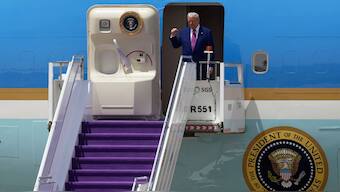 US President Donald Trump arrives on Air Force One at King Khalid International Airport Royal Terminal in Riyadh, Saudi Arabia, May 13, 2025. AP