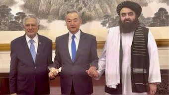 Pakistan Foreign Minister Ishaq Dar, Chinese Foreign Minister Wang Yi, and Acting Foreign Minister of Afghanistan Amir Khan Muttaqi in Beijing on May 21. X/@MIshaqDar50