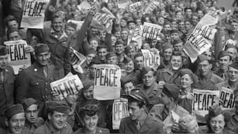 As people heard the news of Germany’s surrender, crowds came out to the streets in celebration. Image: The National WWII Museum
